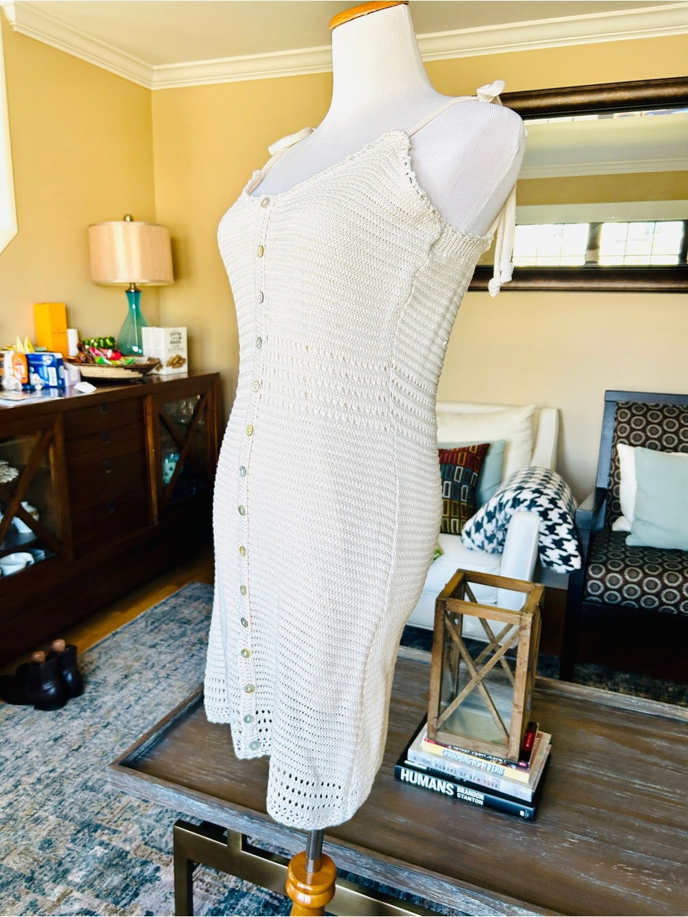 Olive + Oak Cream Crochet Button-Front Mini Dress Size Small Tie Straps Summer - Picture 7 of 11